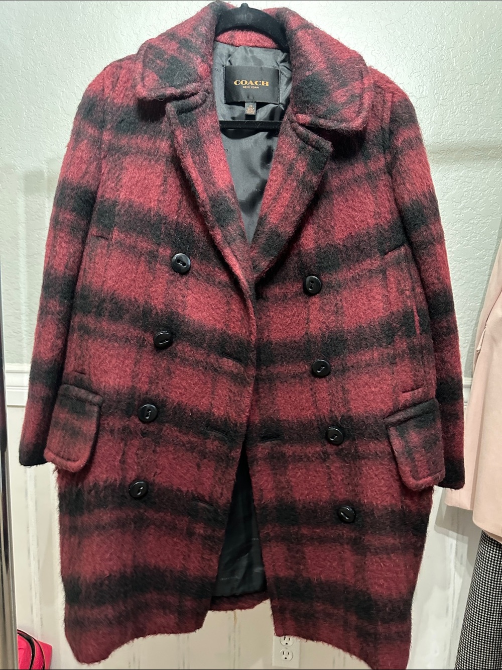 Coach Red and Black Plaid Double-Breasted Wool Blend Pea Coat